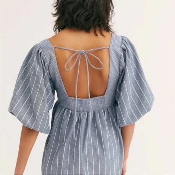 FREE PEOPLE Gigi Striped Puff Sleeve Babydoll Tunic Top EUC Size Large - Picture 6 of 12